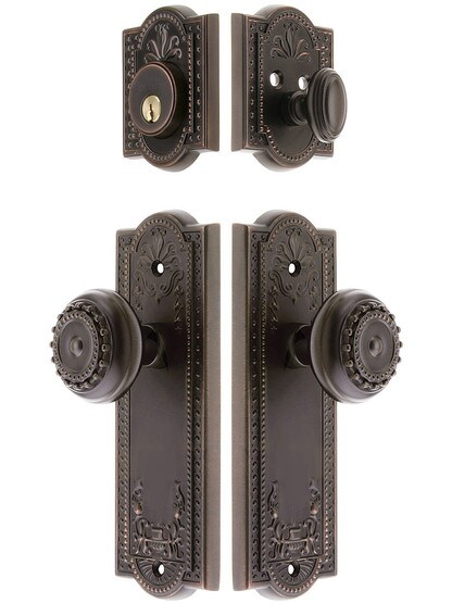 Grandeur Parthenon Entrance Door Set, Keyed Alike with Parthenon Knobs in Oil-Rubbed Bronze.